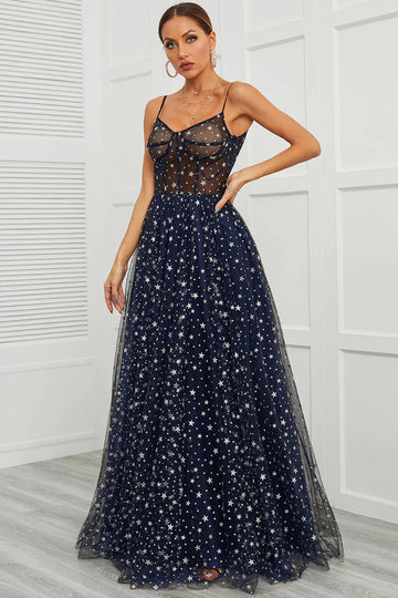 Spaghetti stropper Navy Long Prom Kjole med Star